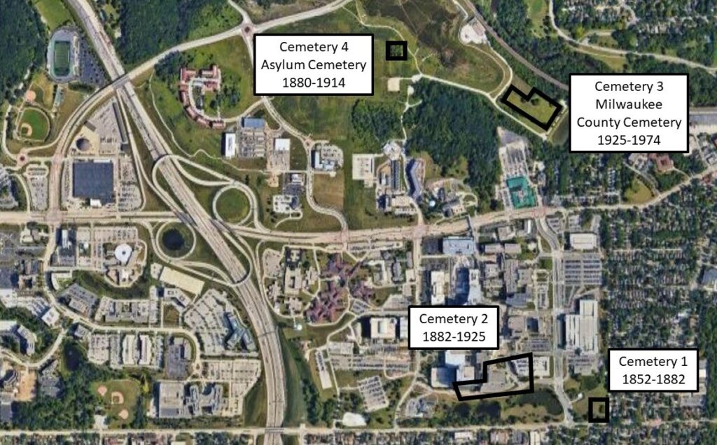 Contemporary satellite image of the Milwaukee County Institutions, with cemeteries 1, 2, 3 and 4 outlined. Cemetery 1 was in use 1852-1882. Cemetery 2 was in use 1882-1925; it is covered by buildings and a parking lot. Both of these are south of Watertown Plank Road. Cemetery 3 and 4 are north of Watertown Plank Road. Cemetery 3, Milwaukee County Cemetery, was in use 1925-1974 and Cemetery 4, the Asylum Cemetery, was in use 1880-1914.