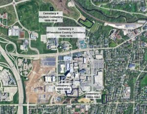 Contemporary satellite image of the Milwaukee County Institutions, with cemeteries 1, 2, 3 and 4 outlined. Cemetery 1 was in use 1852-1882. Cemetery 2 was in use 1882-1925; it is covered by buildings and a parking lot. Both of these are south of Watertown Plank Road. Cemetery 3 and 4 are north of Watertown Plank Road. Cemetery 3, Milwaukee County Cemetery, was in use 1925-1974 and Cemetery 4, the Asylum Cemetery, was in use 1880-1914.