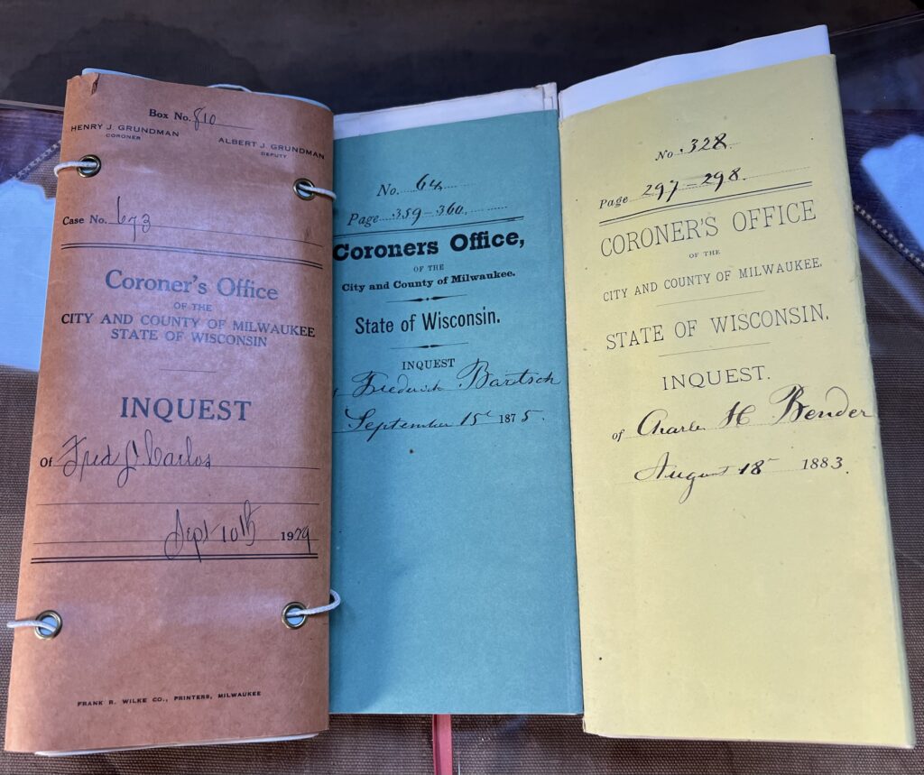Three documents with the title "Coroner's IInquest". They are folded and bound in different colored coversheets.